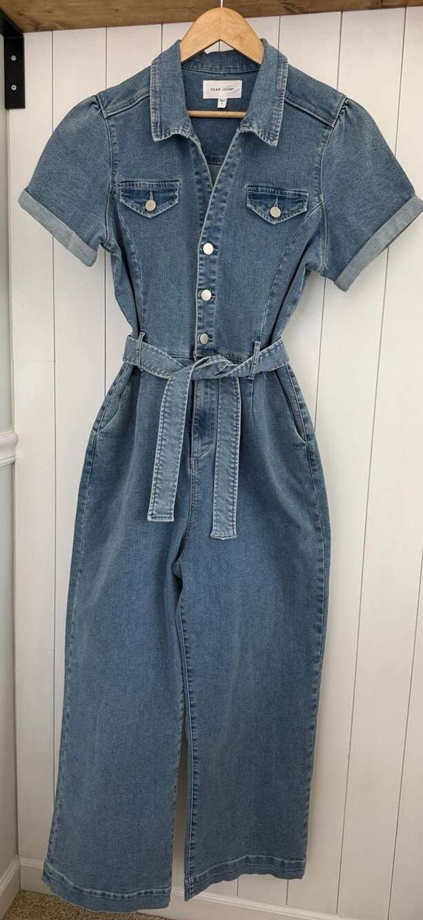 Dear John Denim Jumpsuit Size L Belted Short Sleeve Blue
